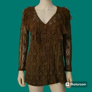 VTG MY PRETTY ANGEL Lace Ruffle Floral Beaded Fairycore Castlecore Silk Top